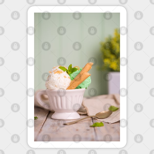 Vanilla and mint ice cream in cup Sticker by homydesign